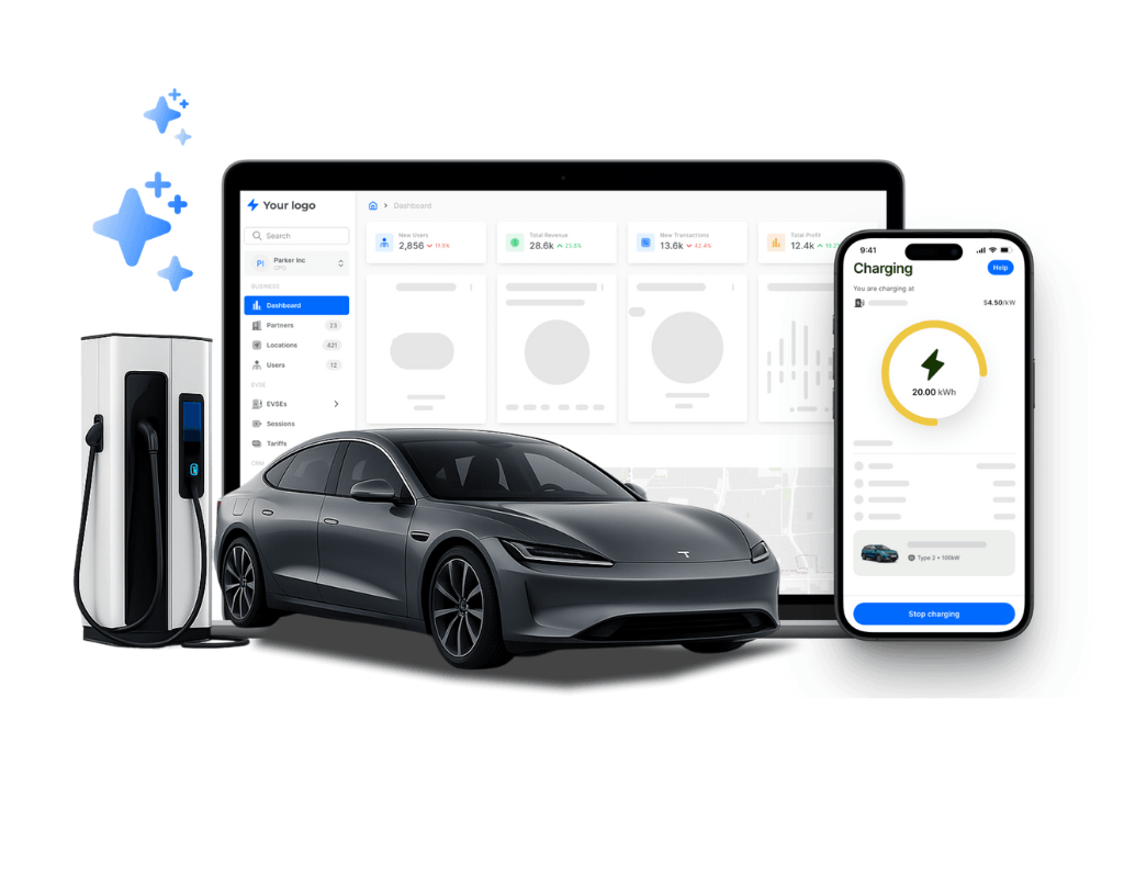 Plataforma de carga eléctrica en etiqueta blanca con app móvil y panel de control