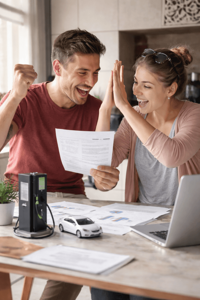 Personas aceptando una propuesta de inversión en estaciones de carga para autos eléctricos