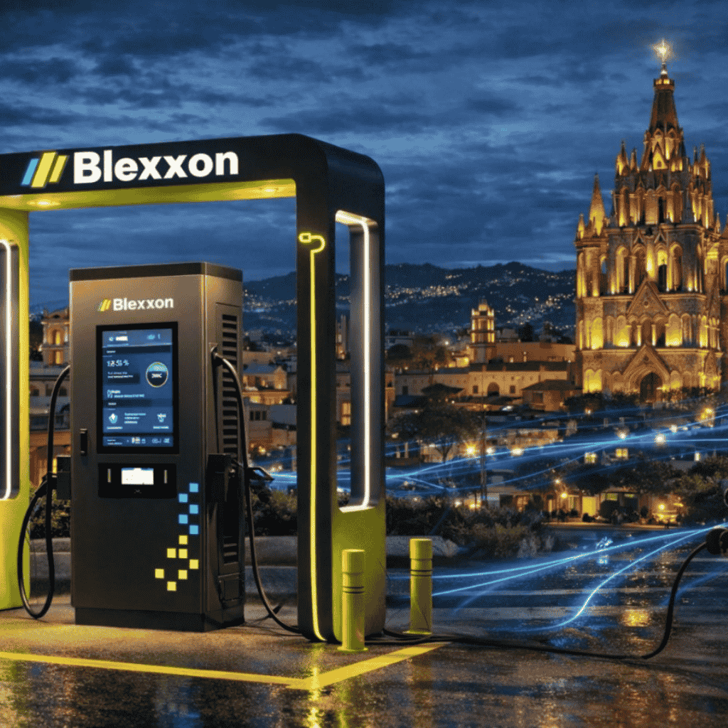 estación de carga rápida para autos eléctricos Blexxon en ciudad turística de México