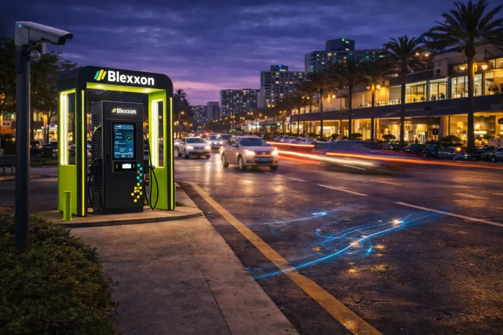 Estación de carga rápida Blexxon en avenida con alto flujo vehicular y visibilidad comercial