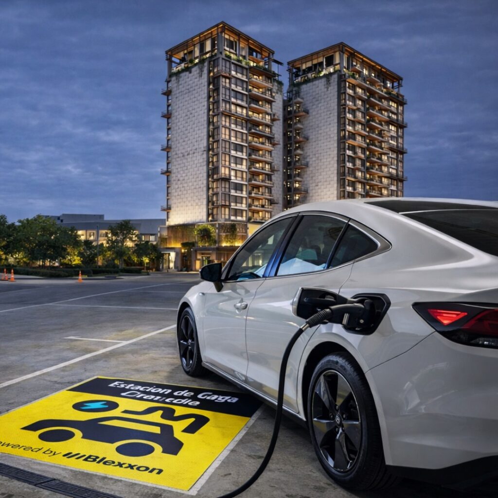 Auto eléctrico cargando en estación de carga para departamentos y condominios con solución Blexxon