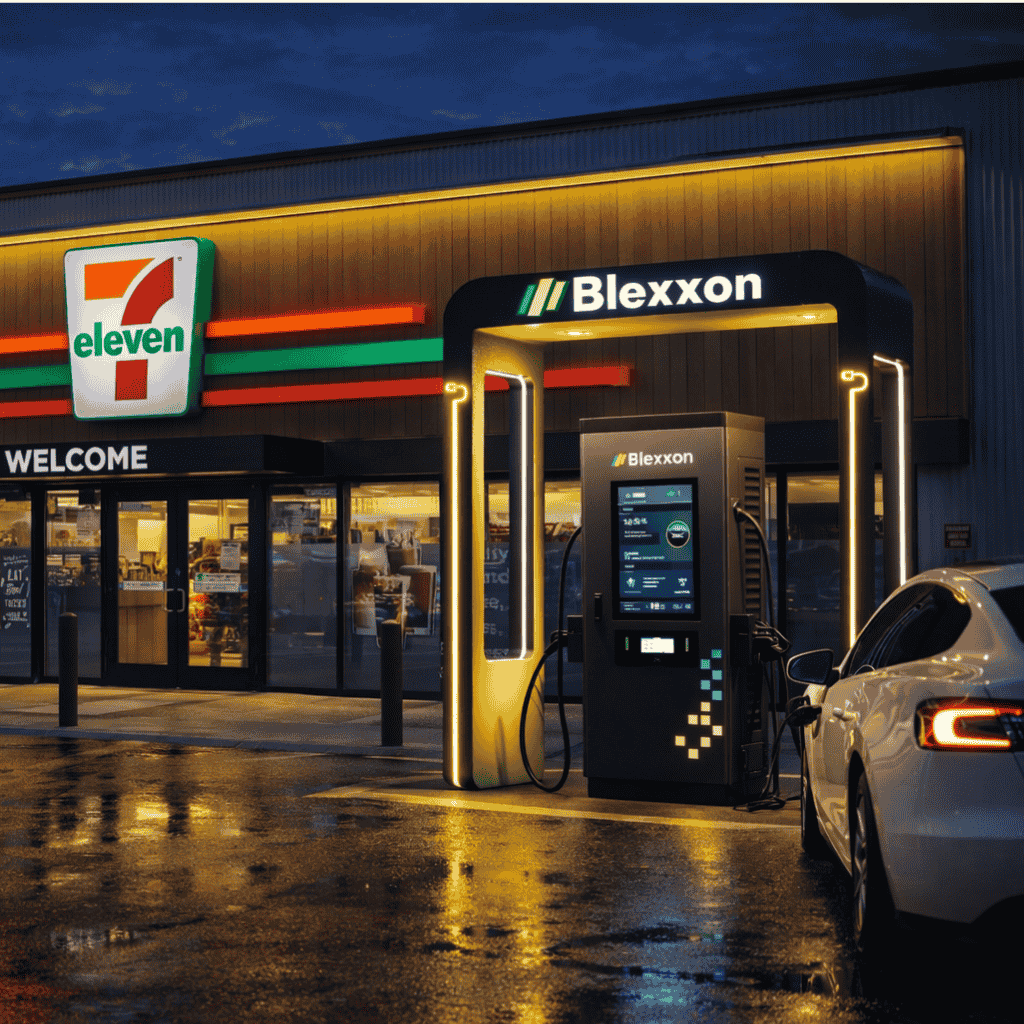 estación de carga para autos eléctricos Blexxon instalada en tienda de conveniencia con vehículo eléctrico cargando