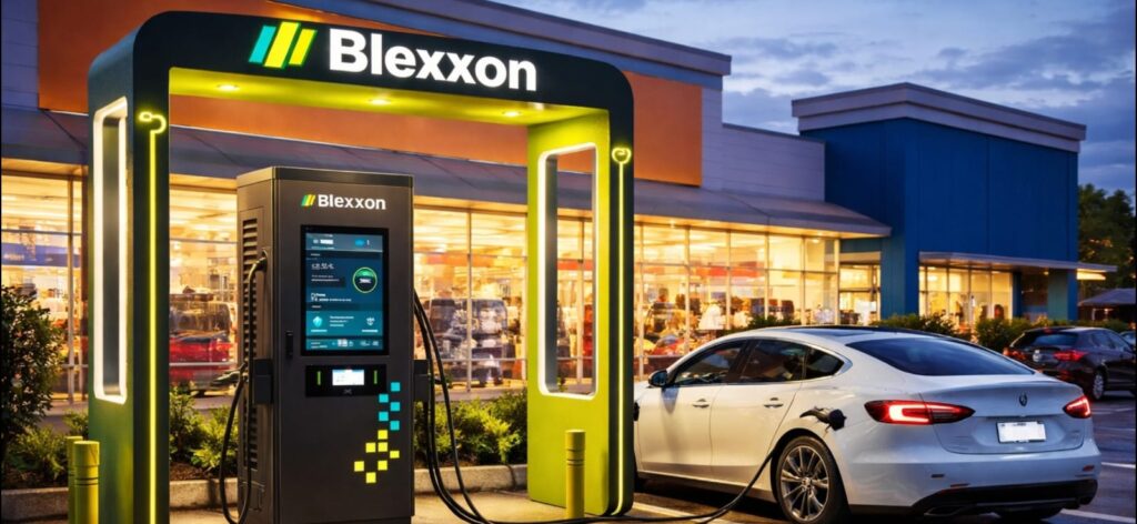 Estación de carga rápida DC Blexxon en centro comercial con auto eléctrico
