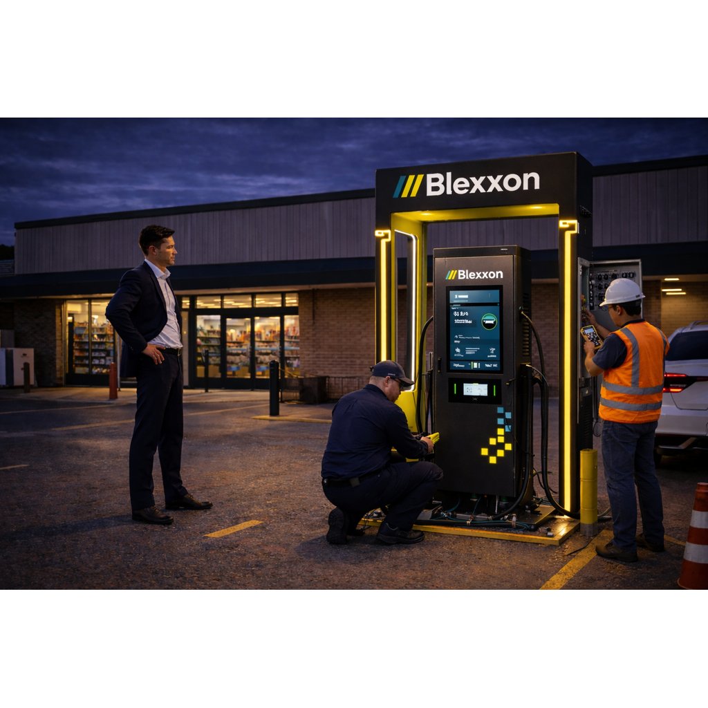 instalación de estación de carga para autos eléctricos Blexxon en estacionamiento de supermercado
