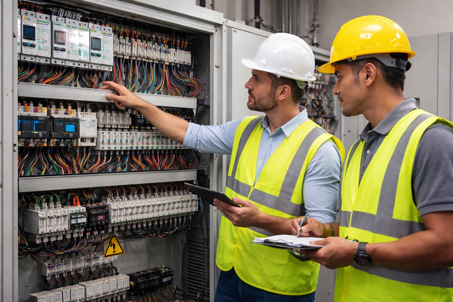Ingenieros revisando circuitos eléctricos para instalación de cargadores en hotel