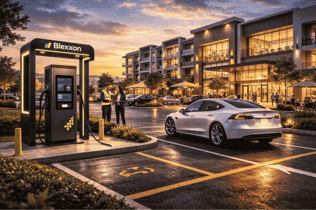 Ubicación ideal para instalar cargadores para autos eléctricos con estación Blexxon en estacionamiento comercial