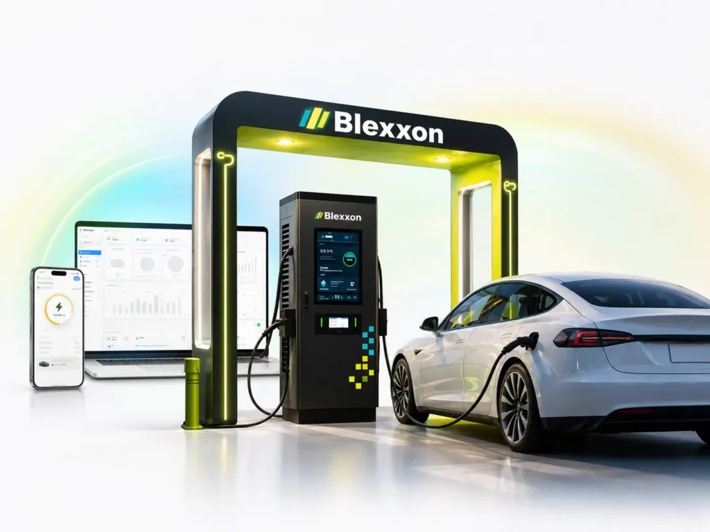 Electrolinera pública Blexxon con cargador para auto eléctrico, app móvil y plataforma de monitoreo