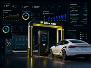 Estación de carga Blexxon con vehículo eléctrico, app móvil y panel de monitoreo para infraestructura de carga en México.
