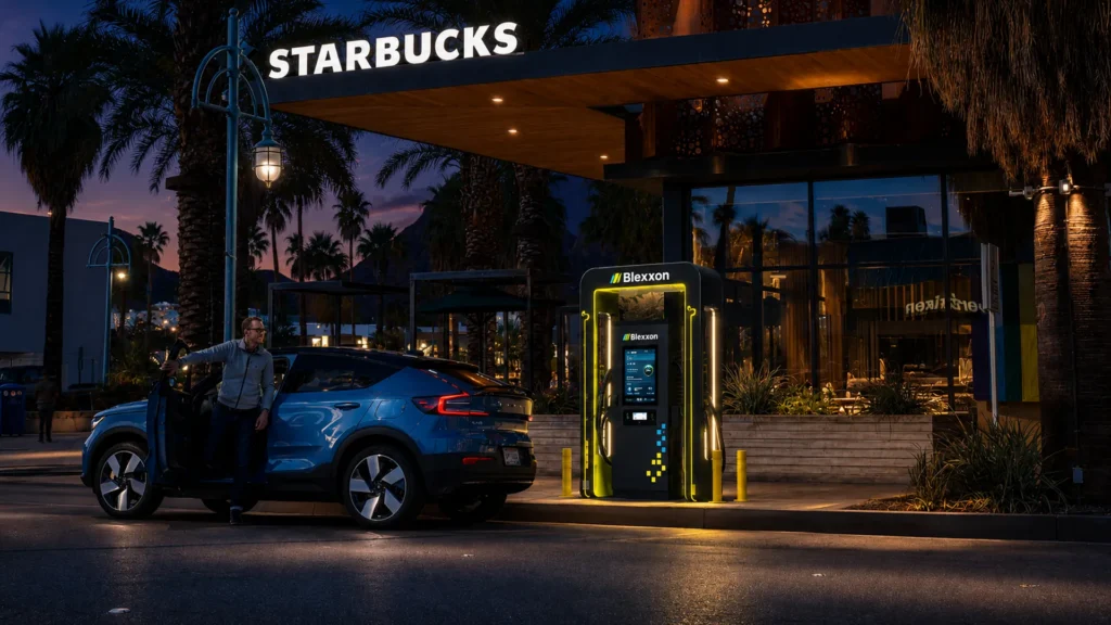 Cargador Blexxon para autos eléctricos en cafetería al atardecer
