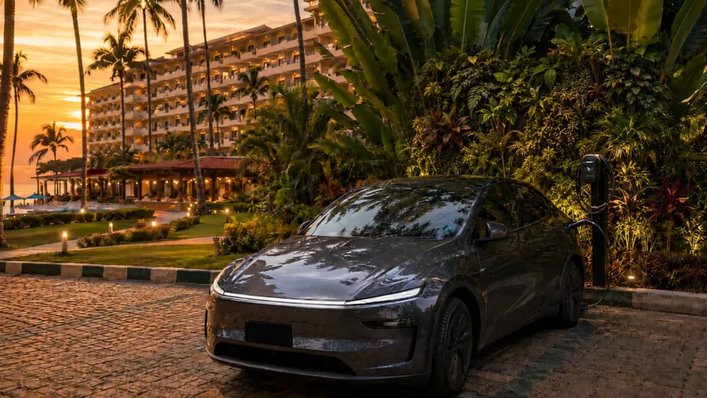 Auto eléctrico cargando en hotel de Vallarta con estación Blexxon al atardecer