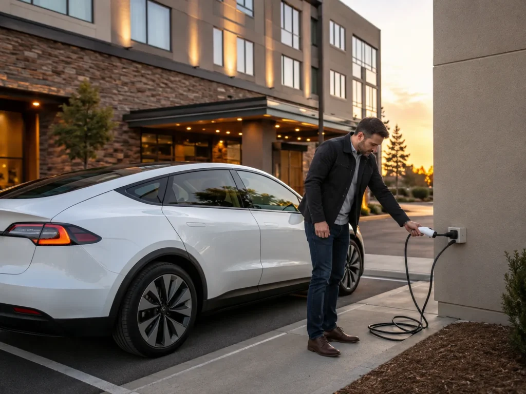 Persona conectando un vehículo eléctrico a un contacto convencional en el estacionamiento de un hotel.