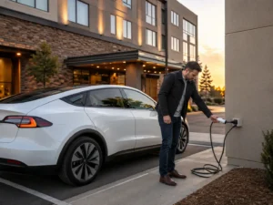 Persona conectando un vehículo eléctrico a un contacto convencional en el estacionamiento de un hotel.