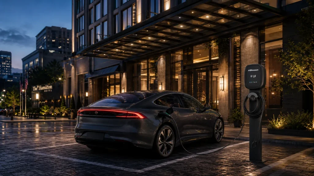 Cargador Blexxon para autos eléctricos en hotel urbano de ciudad