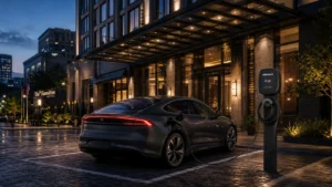 Cargador Blexxon para autos eléctricos en hotel urbano de ciudad