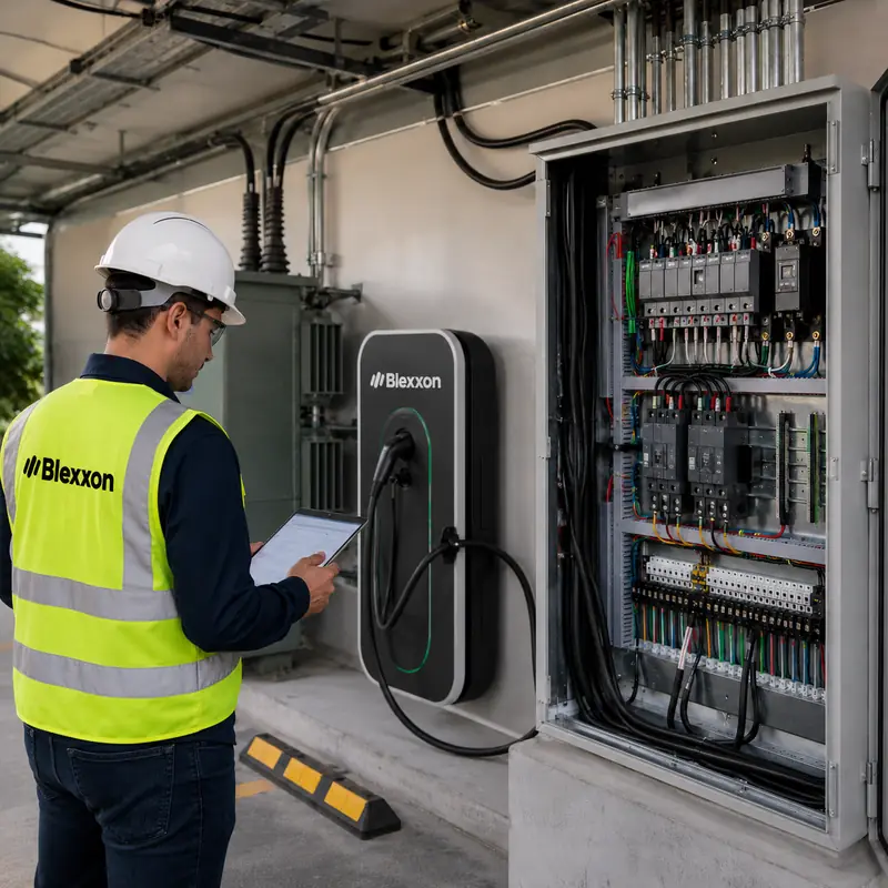 Proyecto eléctrico para electrolinera Blexxon con tablero eléctrico, transformador y técnico realizando revisión