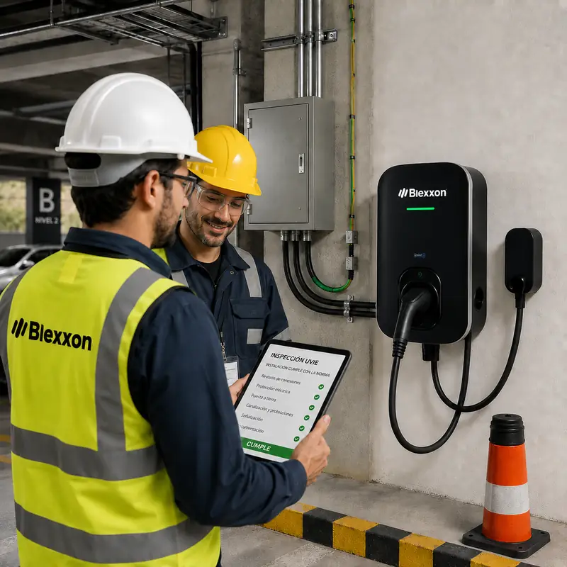 Inspección UVIE de electrolinera Blexxon con técnico e instalador revisando cumplimiento normativo