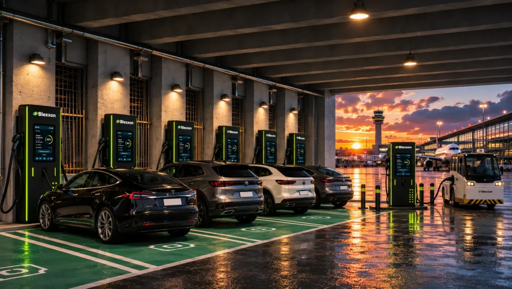 Cargadores eléctricos Blexxon para estacionamientos, vehículos operativos y ground services en aeropuertos