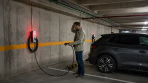 Huésped intentando usar cargadores Tesla para hotel mientras uno de los equipos muestra una luz roja de falla.
