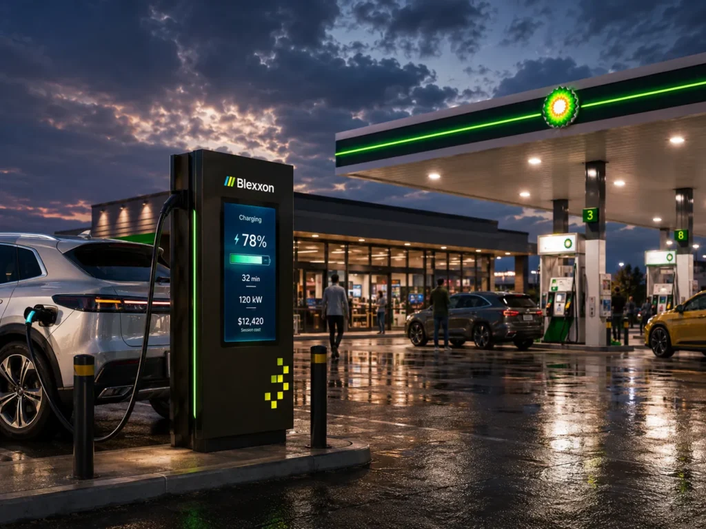 Cargador rápido Blexxon para vehículos eléctricos instalado en una gasolinería