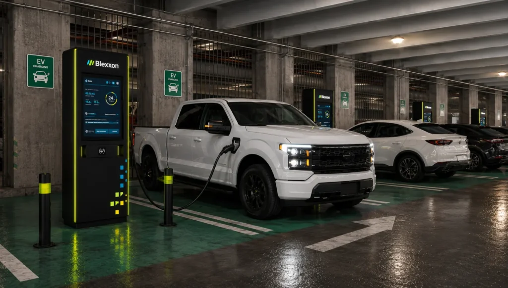 Cargadores rápidos Blexxon para vehículos eléctricos en estacionamiento de aeropuerto