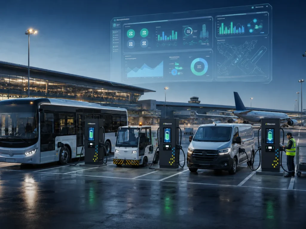 Cargadores Blexxon para operaciones aeroportuarias con autobús, vehículo de ground services y van eléctrica