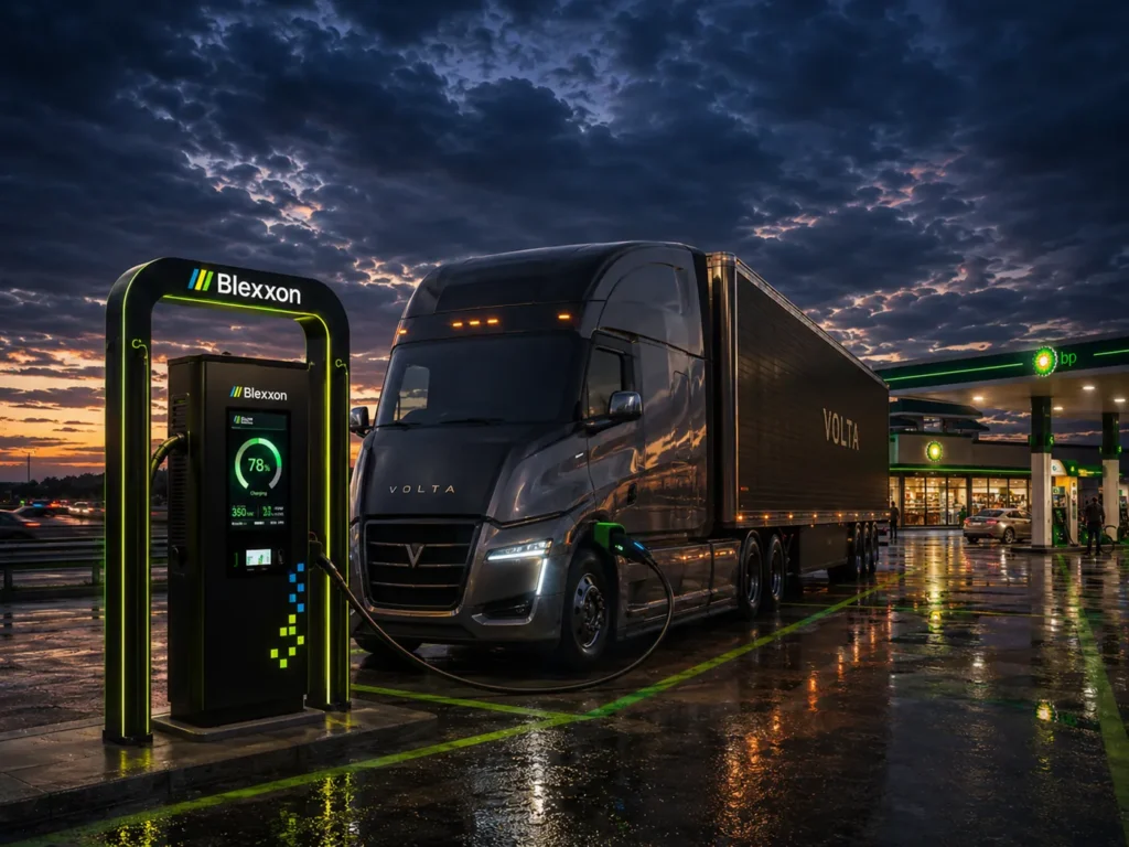 Tráiler eléctrico cargando en una gasolinera de carretera con cargador rápido Blexxon