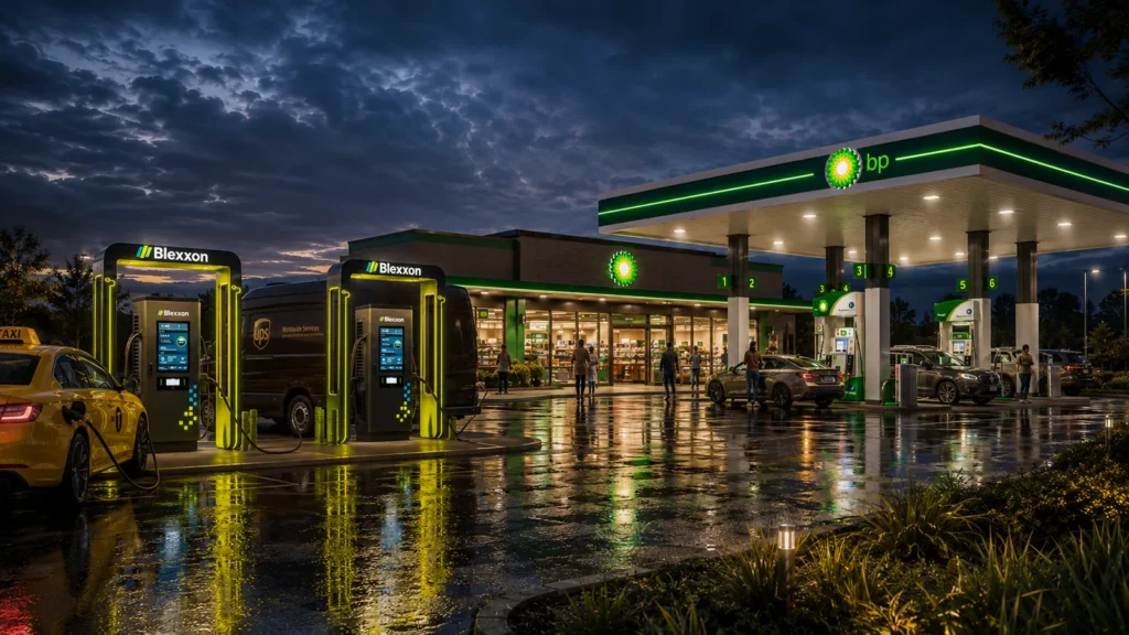 Gasolinera con cargadores rápidos Blexxon para autos, taxis y vehículos comerciales