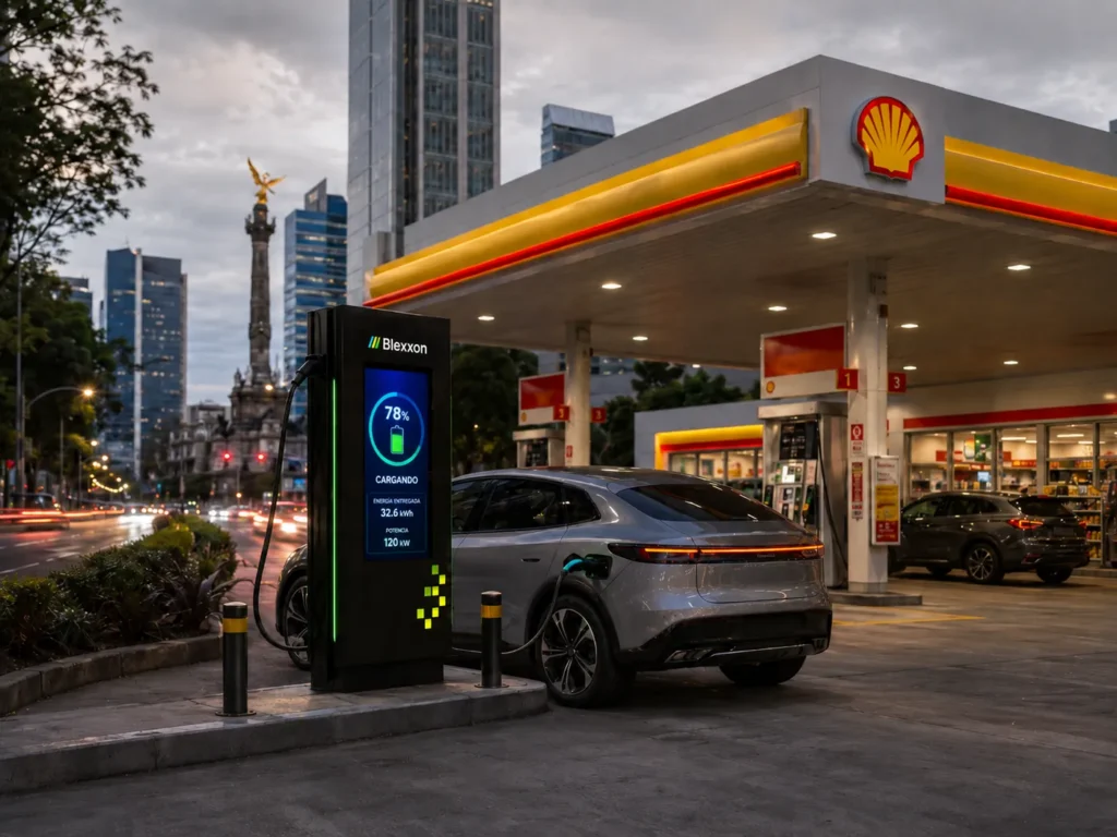 Cargador rápido Blexxon instalado en una gasolinería urbana de Ciudad de México