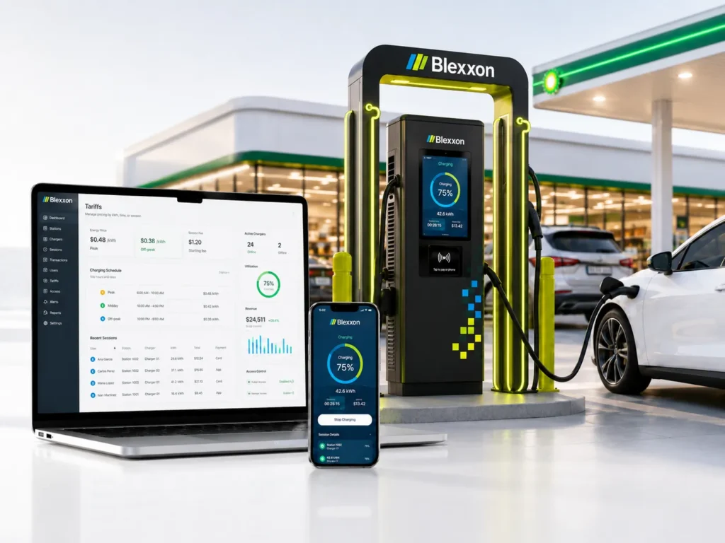 Cargador Blexxon en gasolinería con plataforma de tarifas, pagos y acceso de usuarios